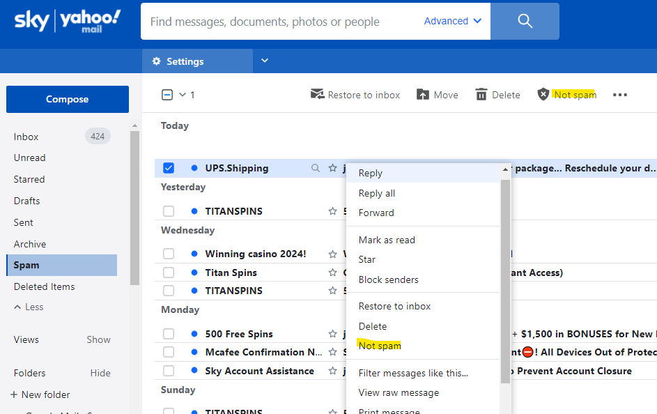 Answered: Yahoo mail constantly marks a safe email as Spam o... | Sky ...