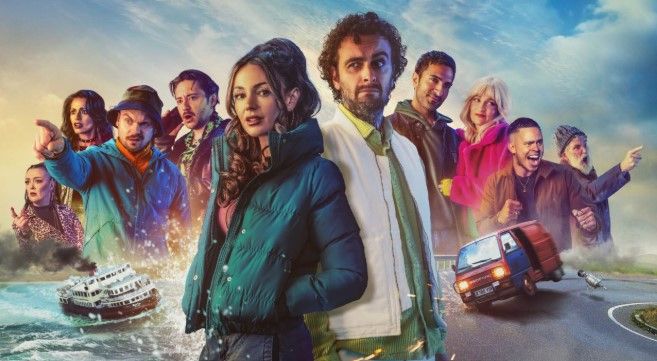 Image of Brassic cast. Below left of cast is a ship in rough waters. Below right is a red van on a winding road.