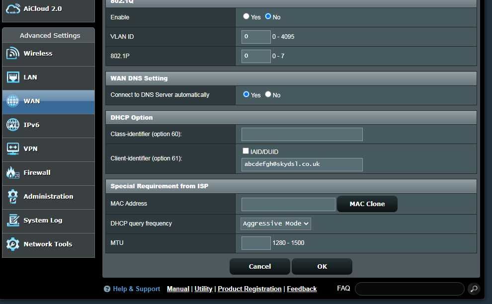 Asus DSLAC68U do not connect to SKY ISP Sky Community