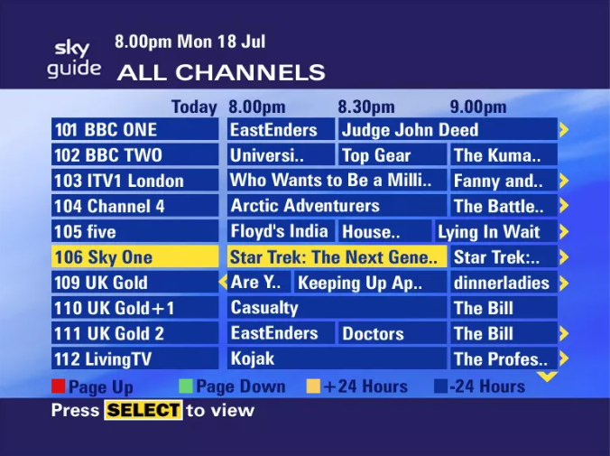 Alt Text: an image of Sky+'s original EPG.