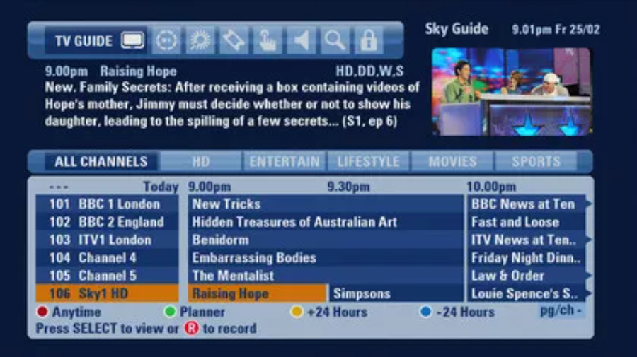 Alt Text: an image of the Sky+ EPG development.