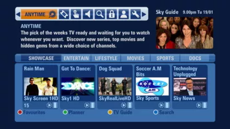 Alt Text: an image of the Sky+ EPG for Anytime.