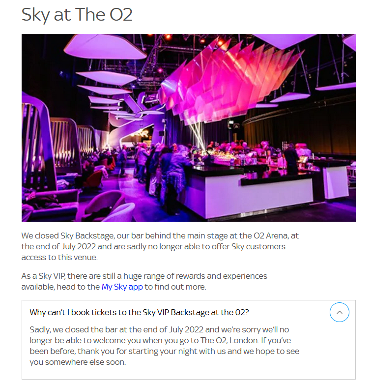 Is there still a Sky VIP area at the O2 Sky Community