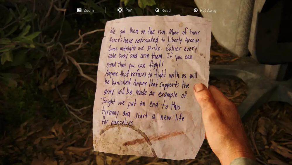 This note from the original game mirror's the arc in the show.